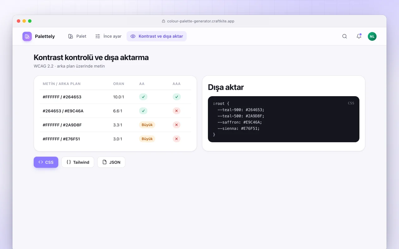 Renk paleti üretici: Kontrast kontrolü ve dışa aktarma ekranı