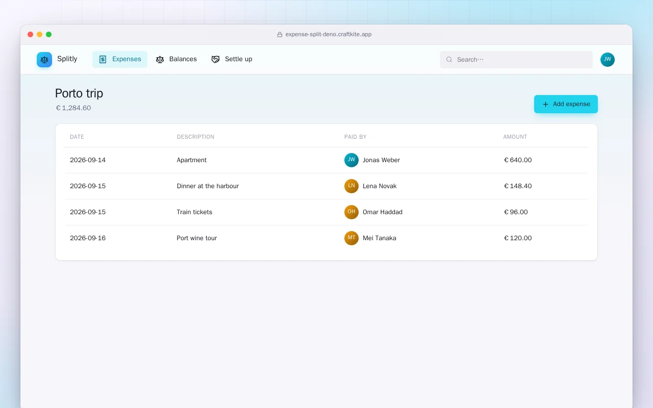 Split Expenses (Deno): the Porto trip screen