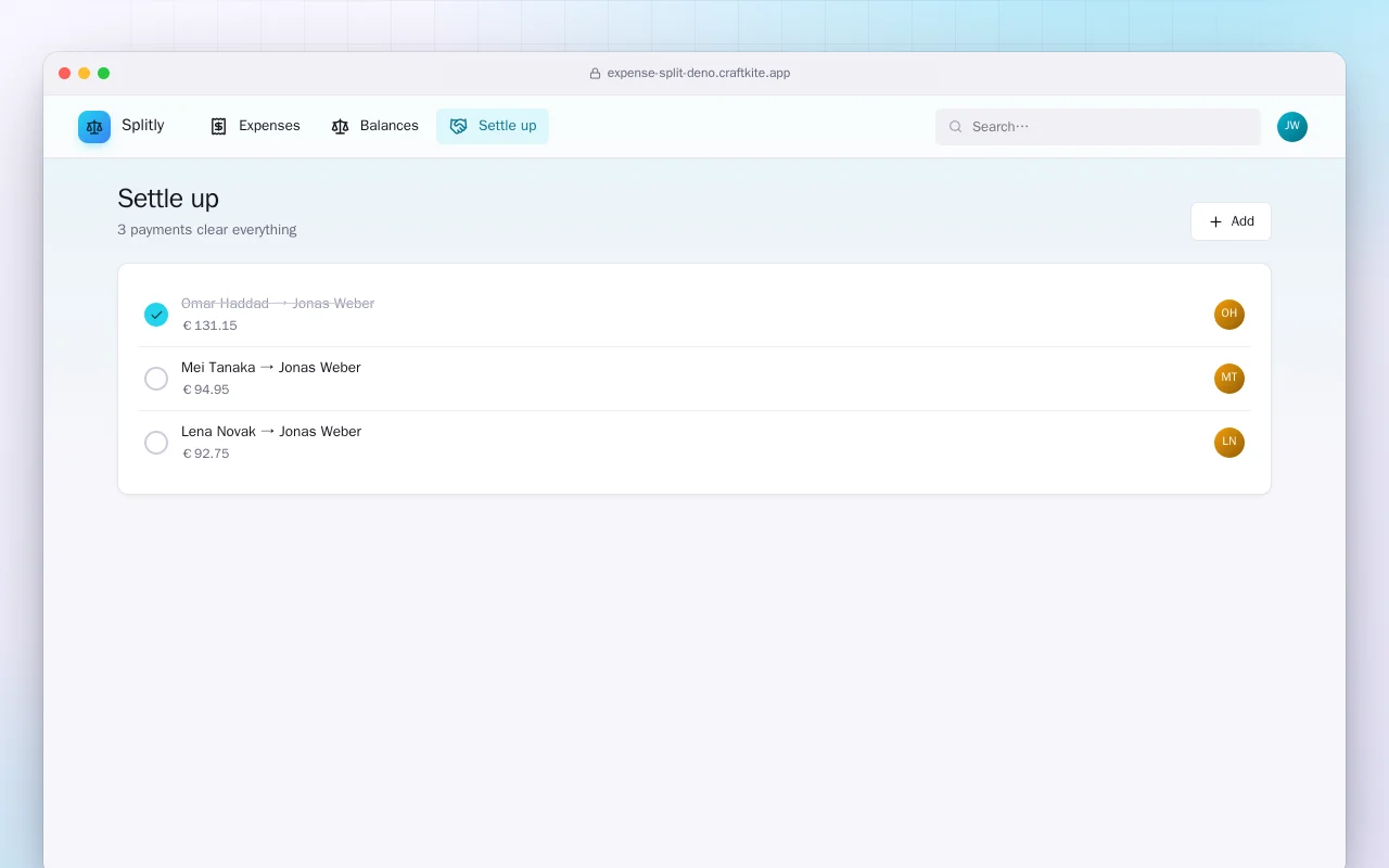 Split Expenses (Deno): the Settle up screen