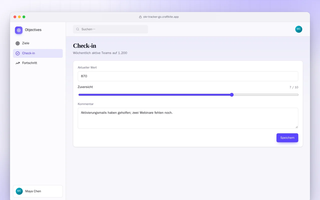 OKR-Tracker (Go): der Bildschirm „Check-in“