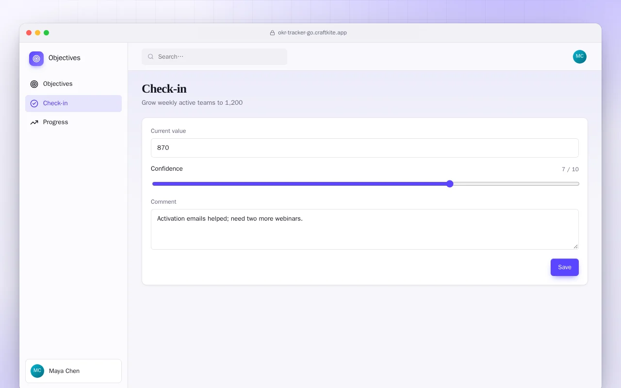 OKR Tracker (Go): the Check-in screen