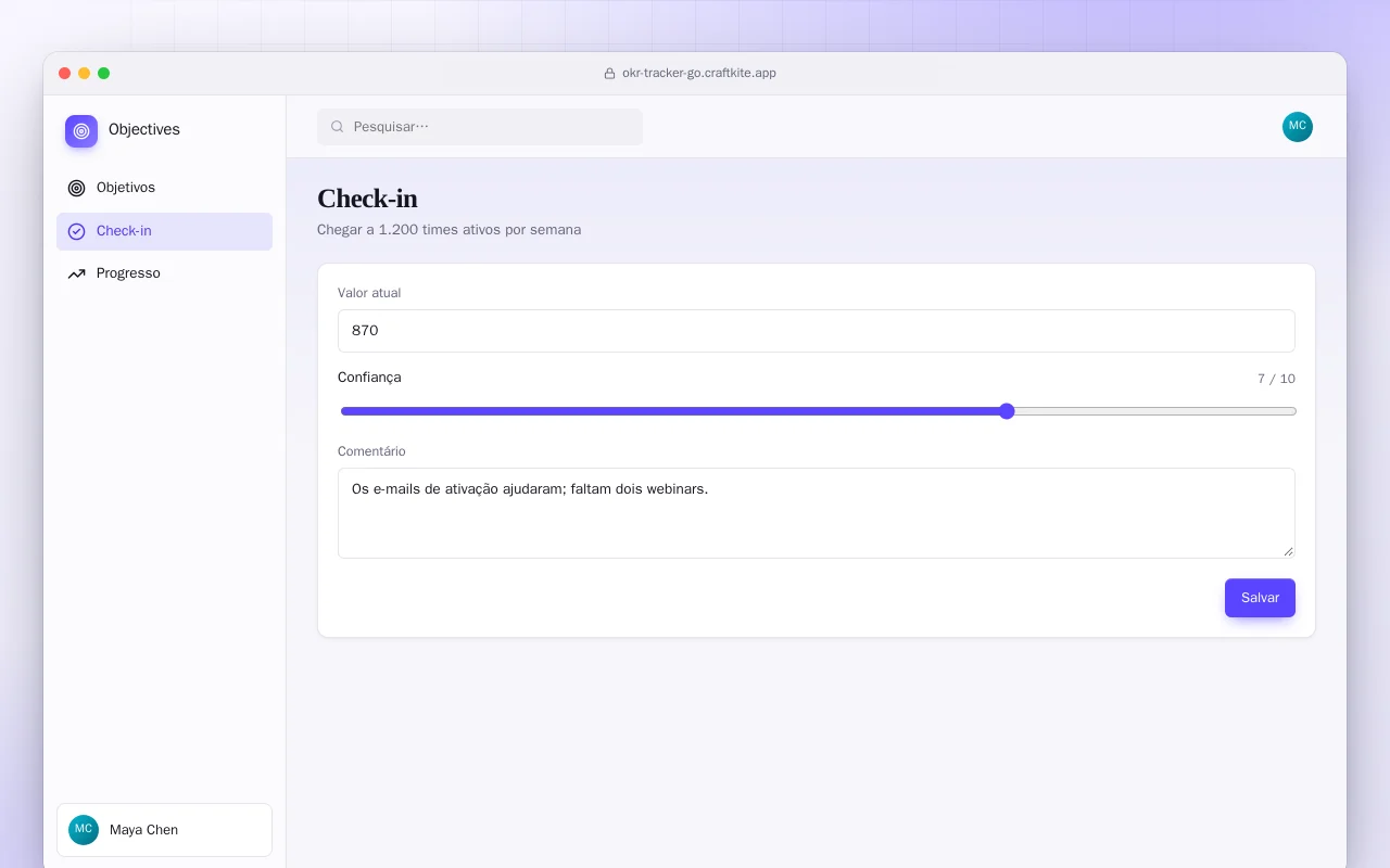 Acompanhamento de OKRs (Go): a tela Check-in