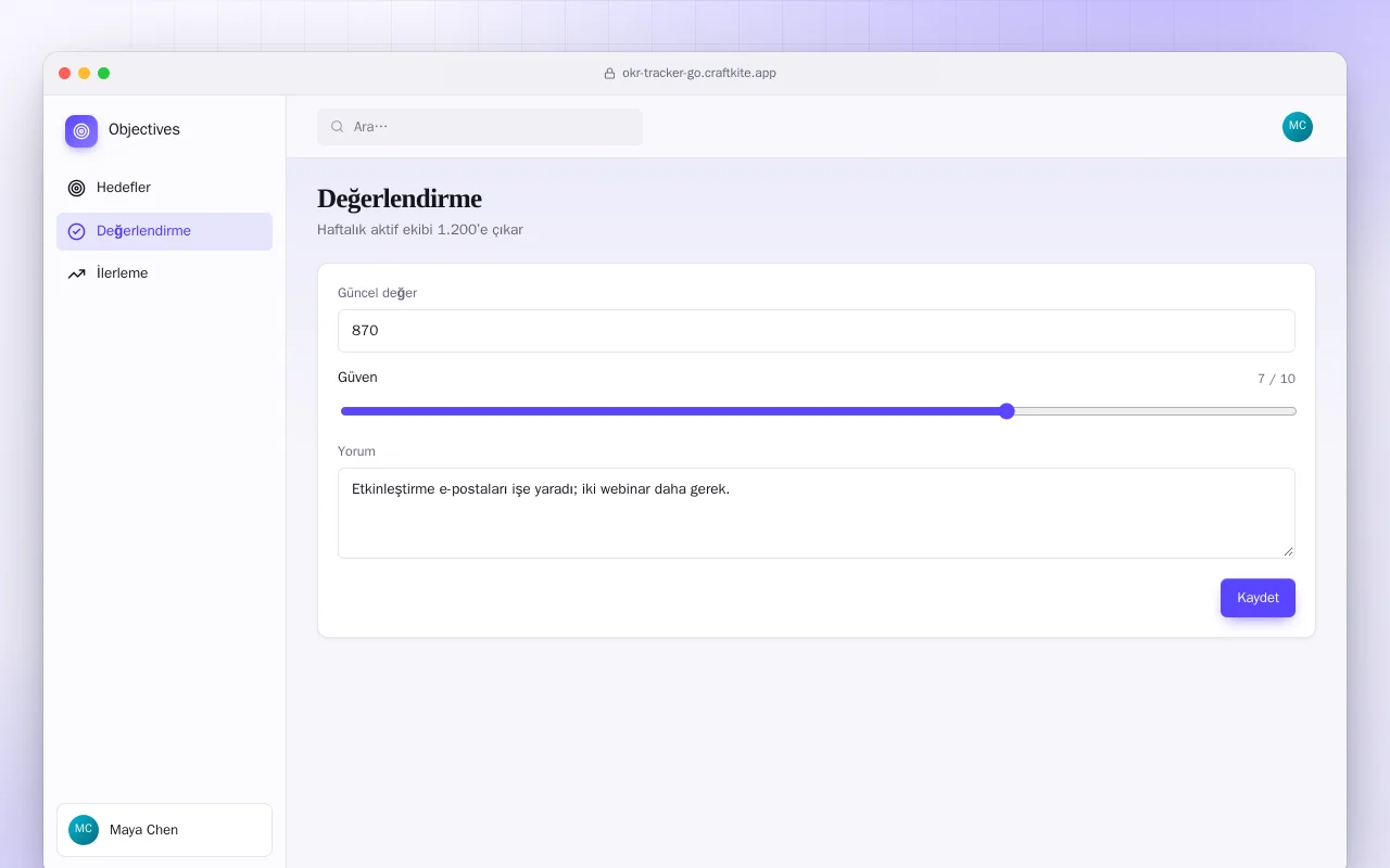 OKR Takibi (Go): Değerlendirme ekranı