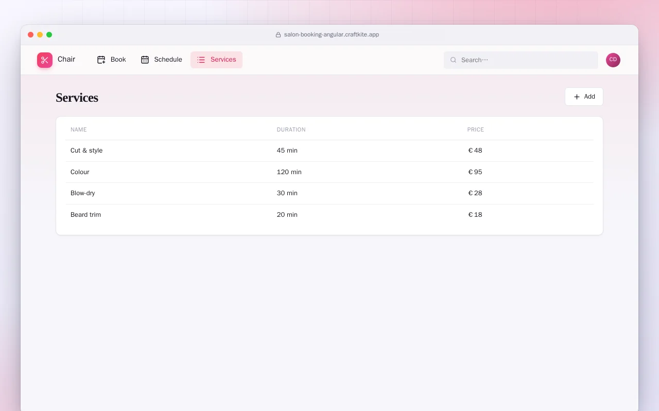 Salon Booking (Angular): the Services screen