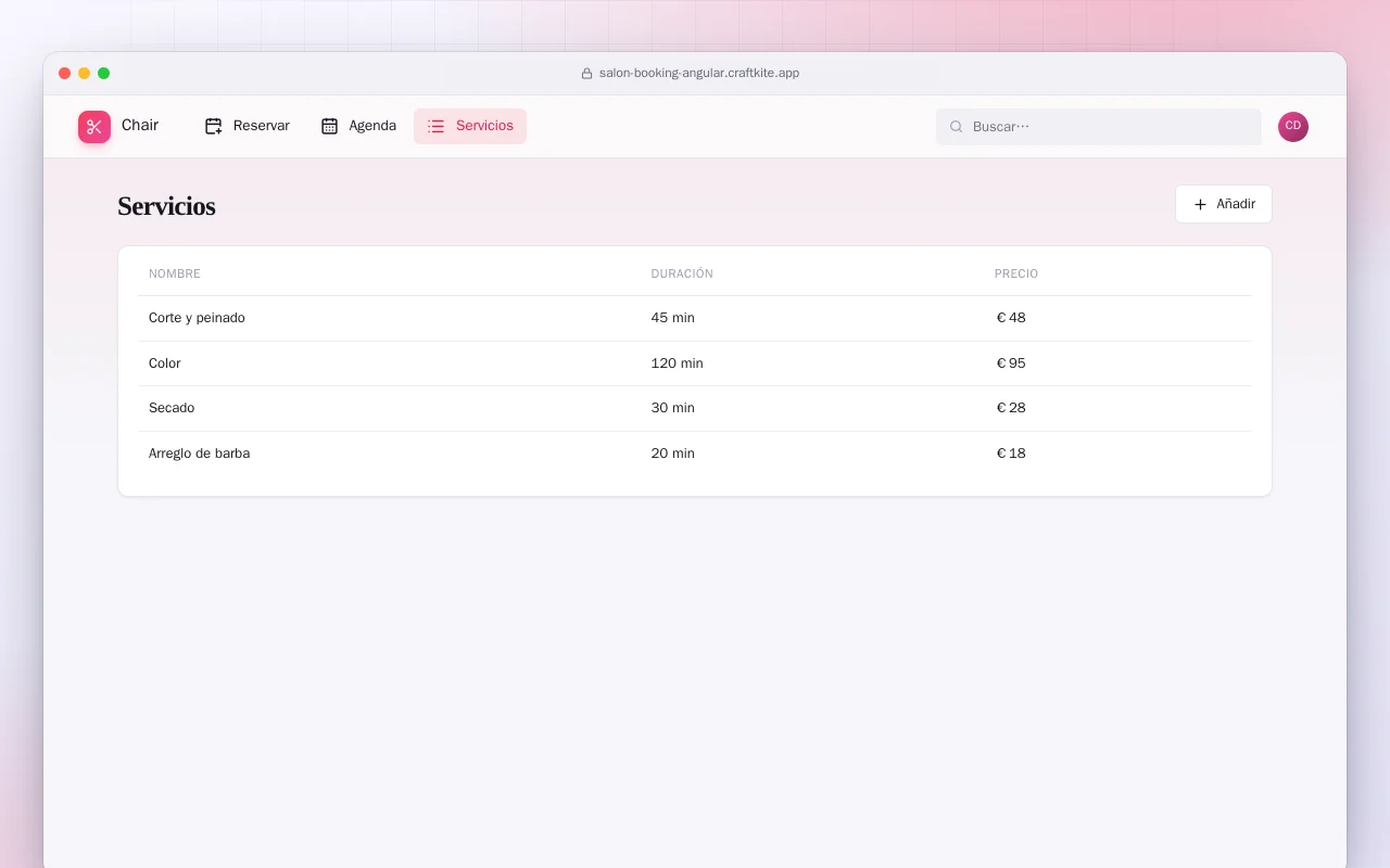 Reservas de peluquería (Angular): la pantalla Servicios