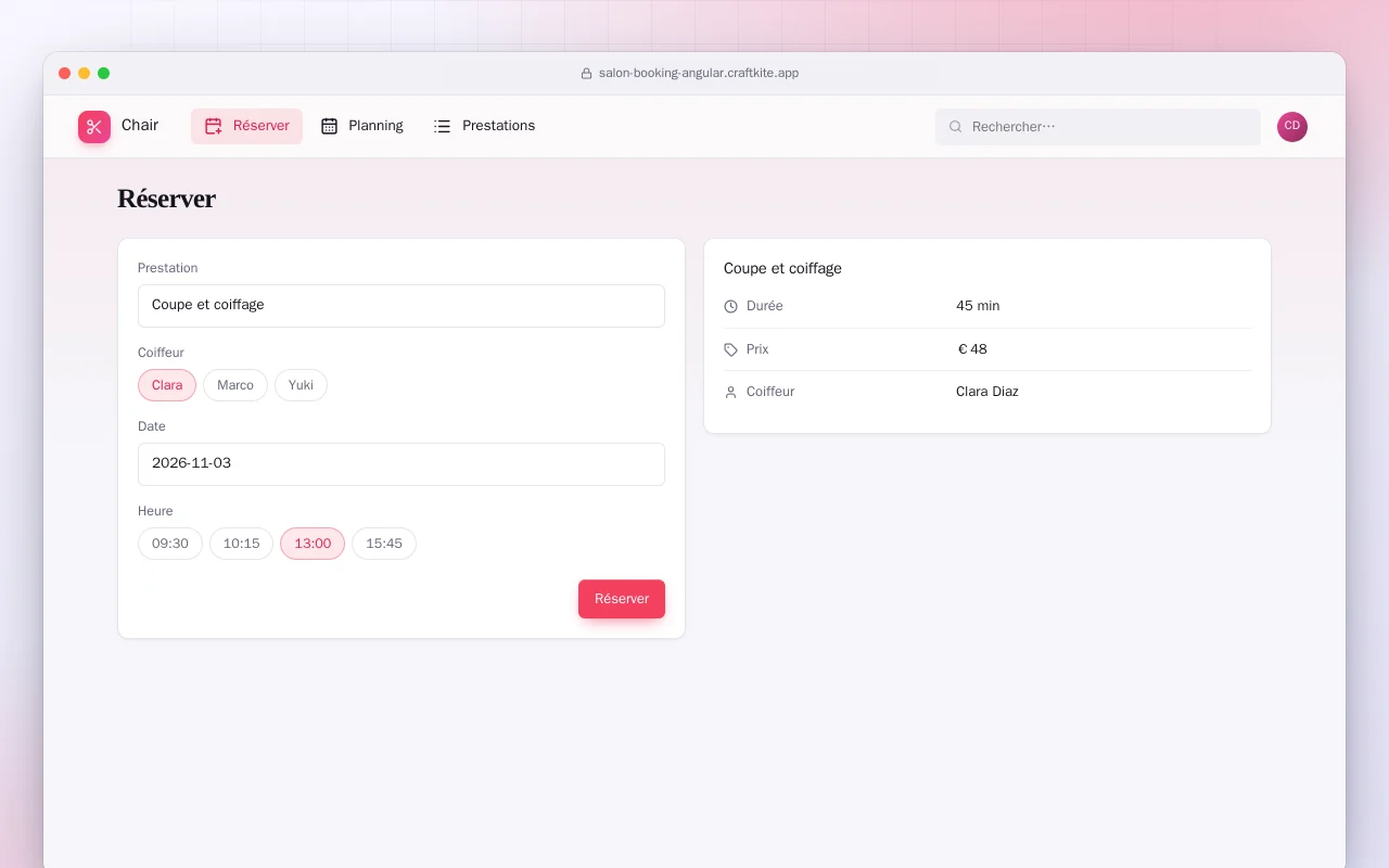Réservation de salon (Angular) : l’écran Réserver