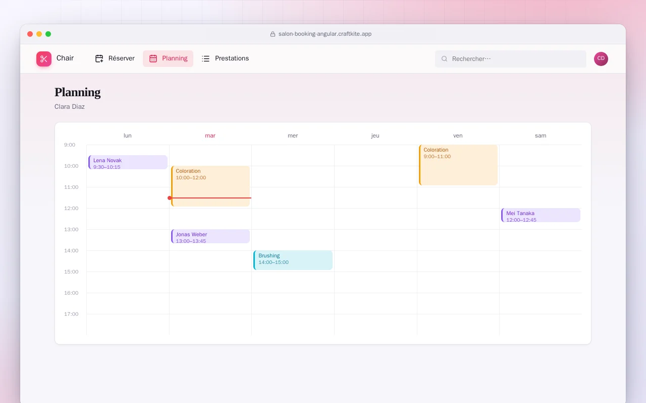 Réservation de salon (Angular) : l’écran Planning