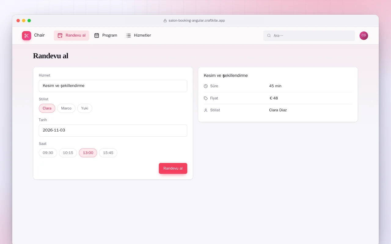 Kuaför Randevusu (Angular): Randevu al ekranı
