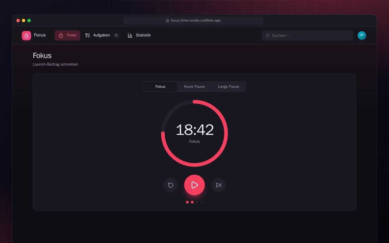 Fokus-Timer (SvelteKit): der Bildschirm „Fokus“