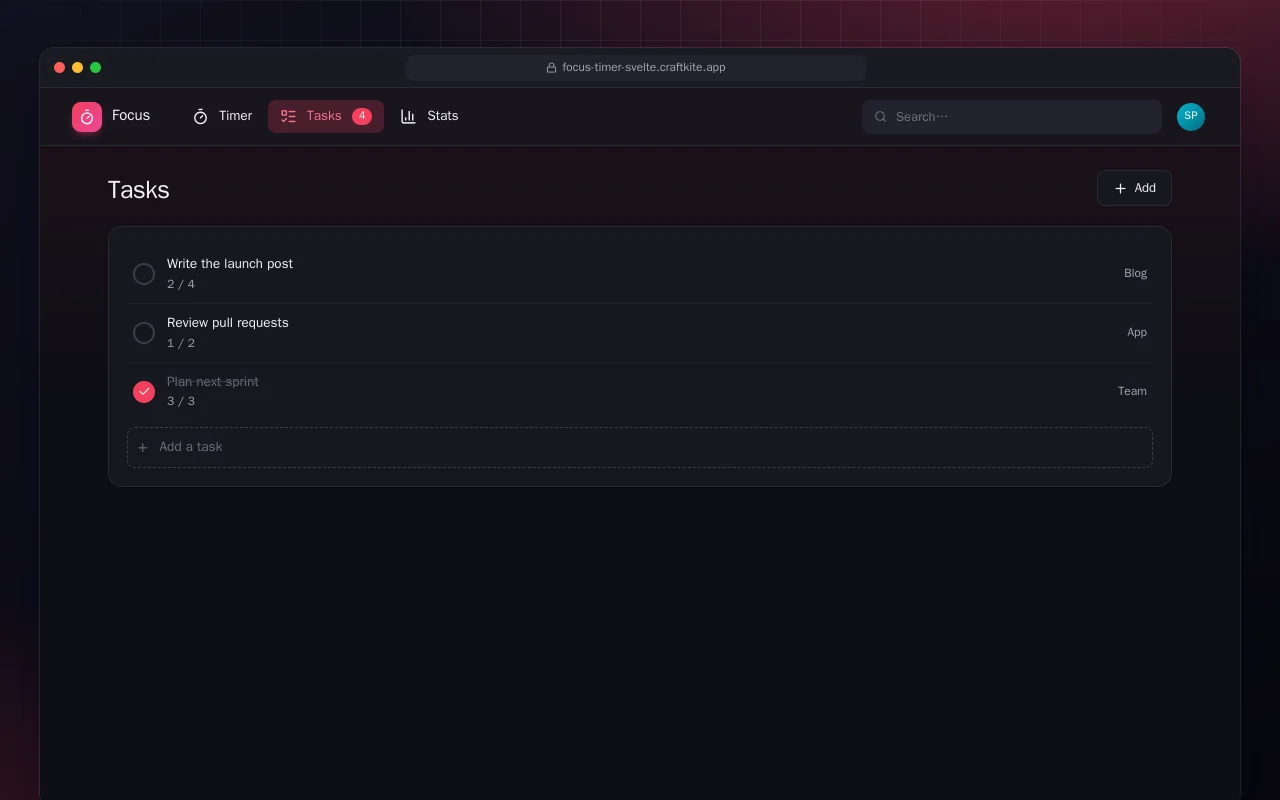 Focus Timer (SvelteKit): the Tasks screen
