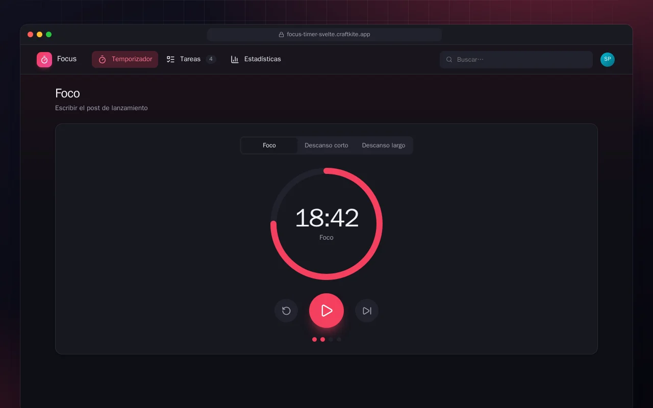Temporizador de concentración (SvelteKit): la pantalla Foco