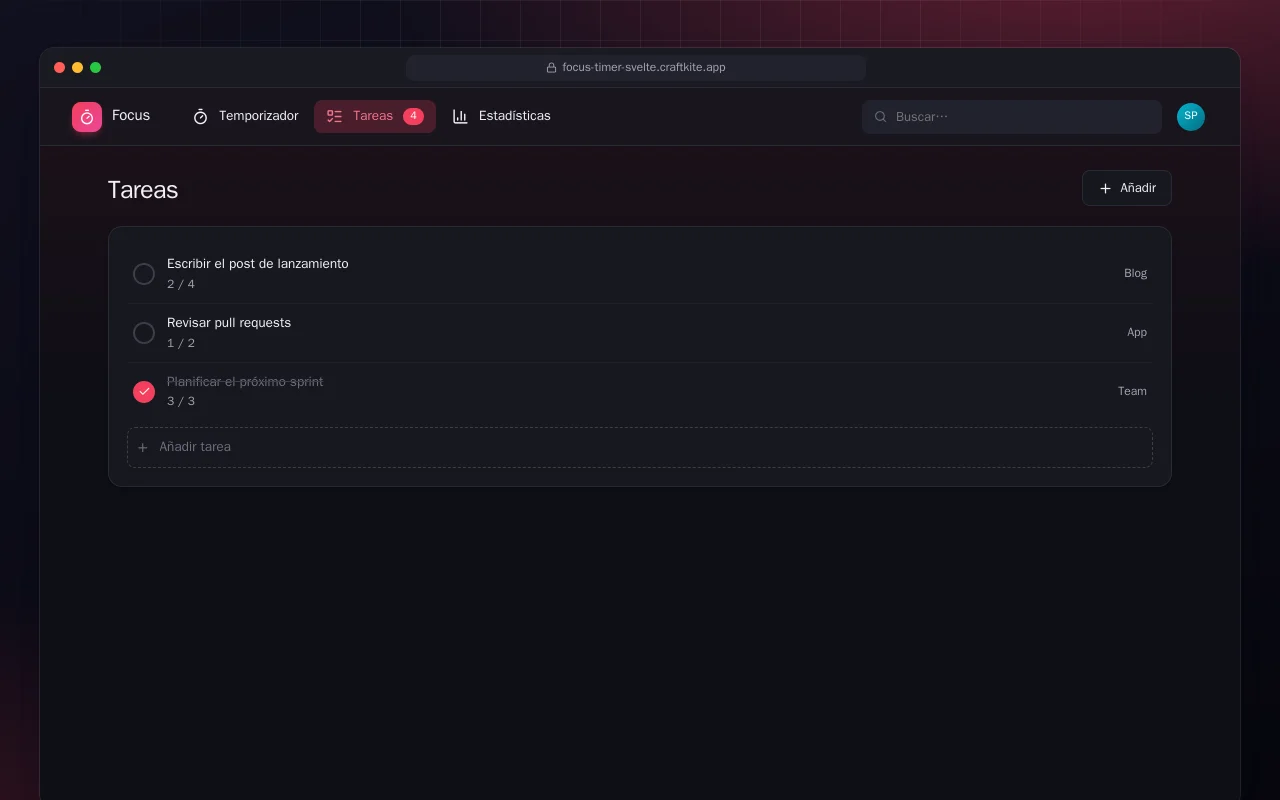 Temporizador de concentración (SvelteKit): la pantalla Tareas