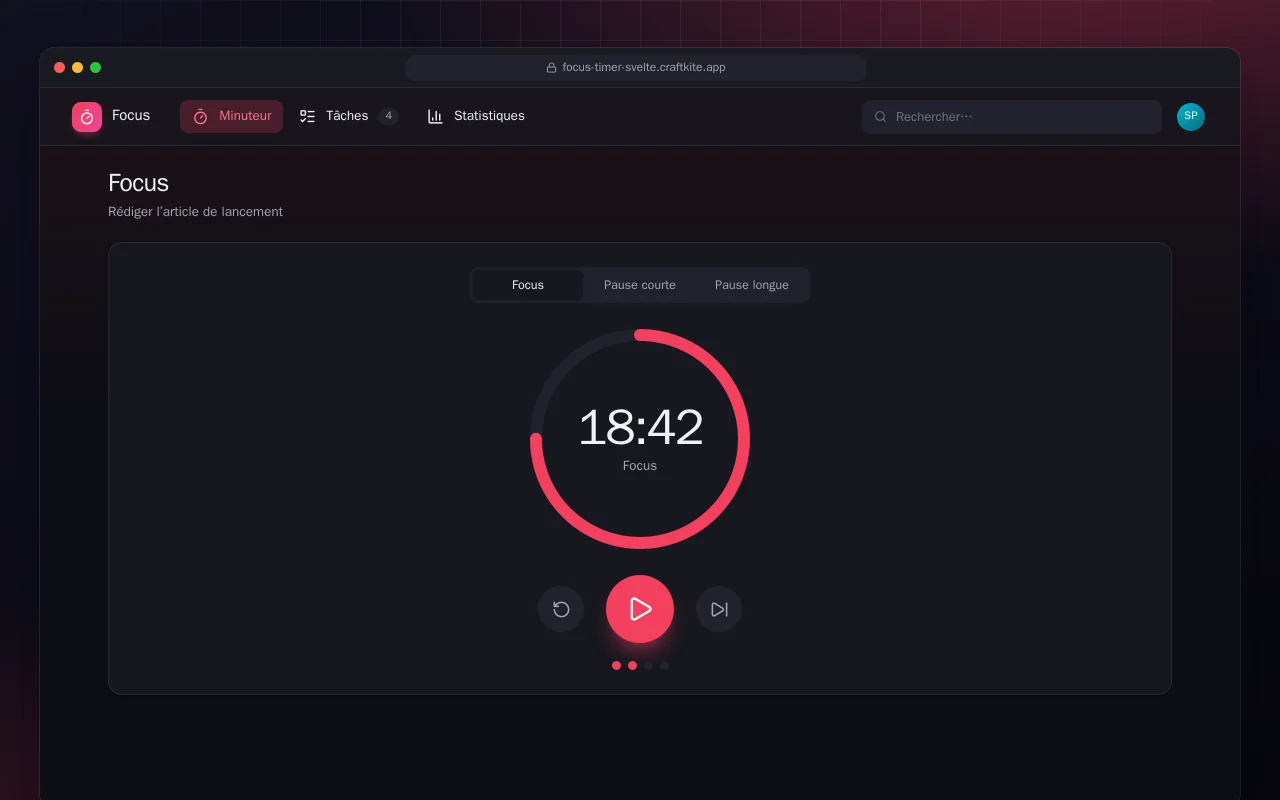 Minuteur de concentration (SvelteKit) : l’écran Focus