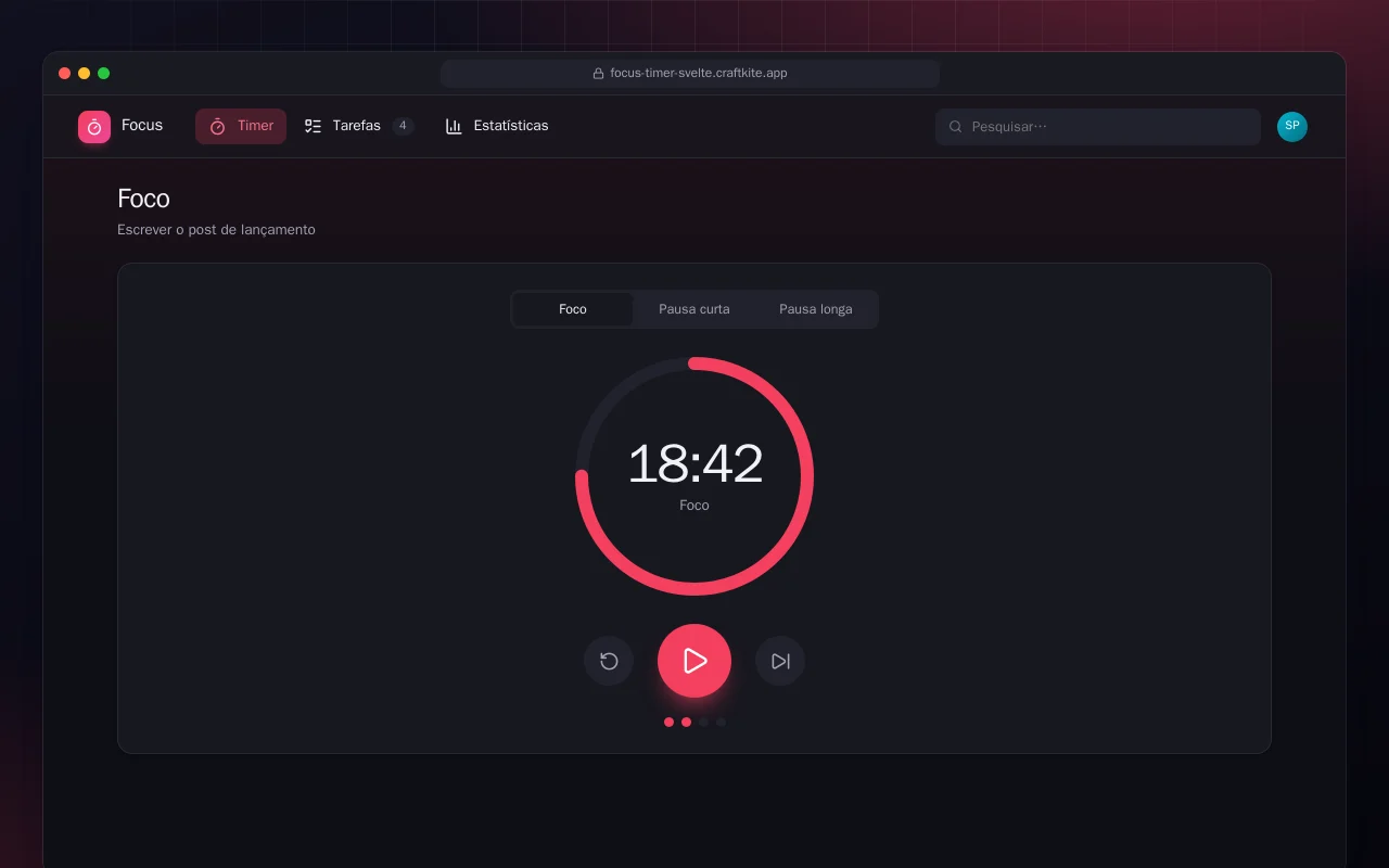 Timer de foco (SvelteKit): a tela Foco