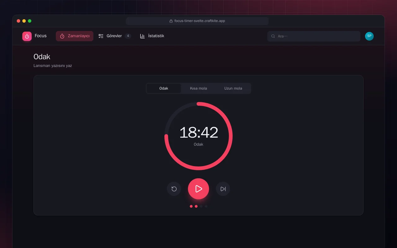 Odak Zamanlayıcı (SvelteKit): Odak ekranı