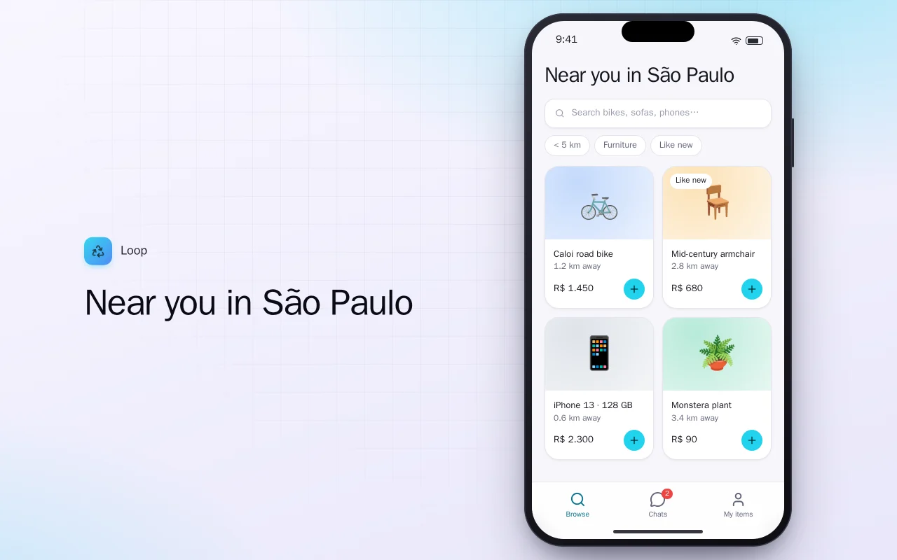 Second-hand marketplace: the Near you in São Paulo screen