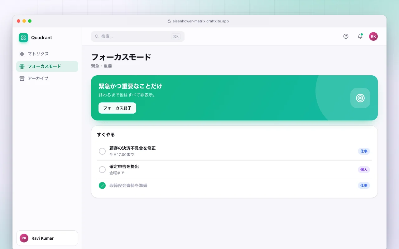 アイゼンハワー・マトリクス：フォーカスモード画面