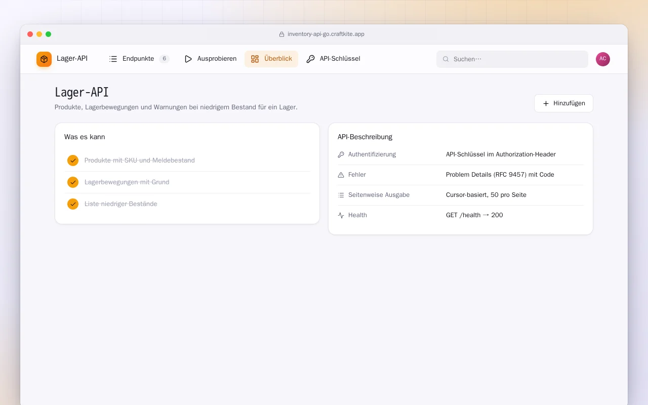 Lager-API (Go): der Bildschirm „Lager-API“