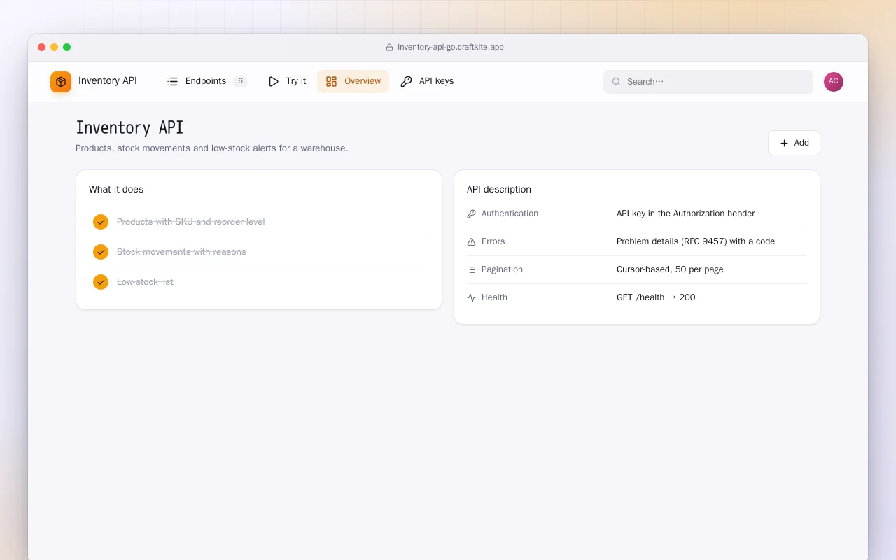 Inventory API (Go): the Inventory API screen