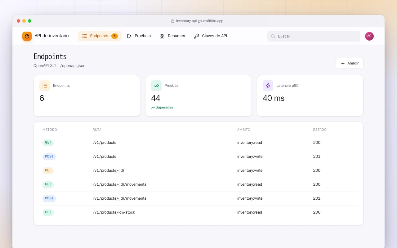 API de inventario (Go): la pantalla Endpoints