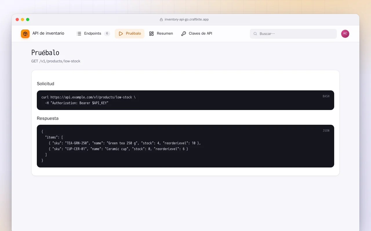 API de inventario (Go): la pantalla Pruébalo