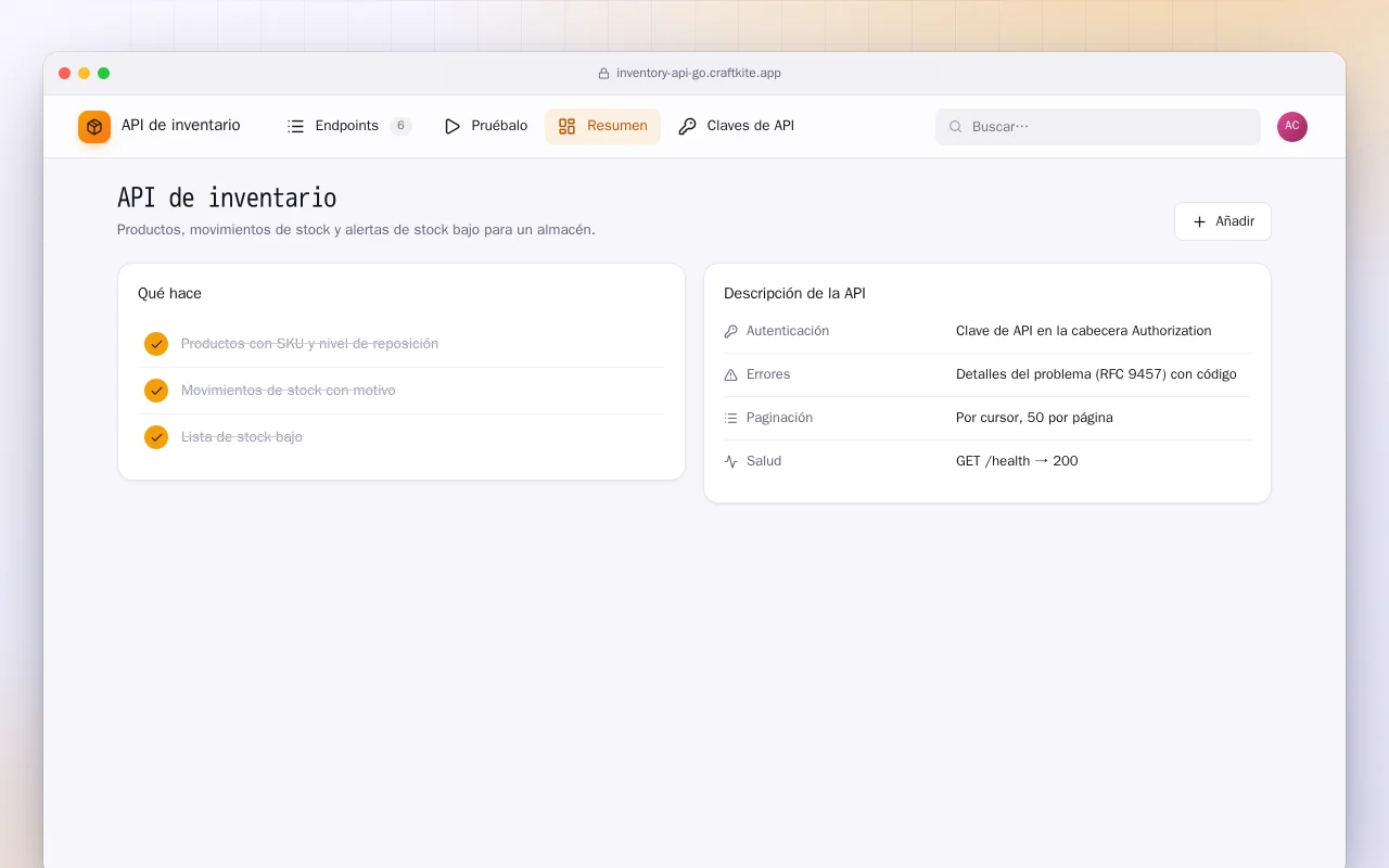 API de inventario (Go): la pantalla API de inventario