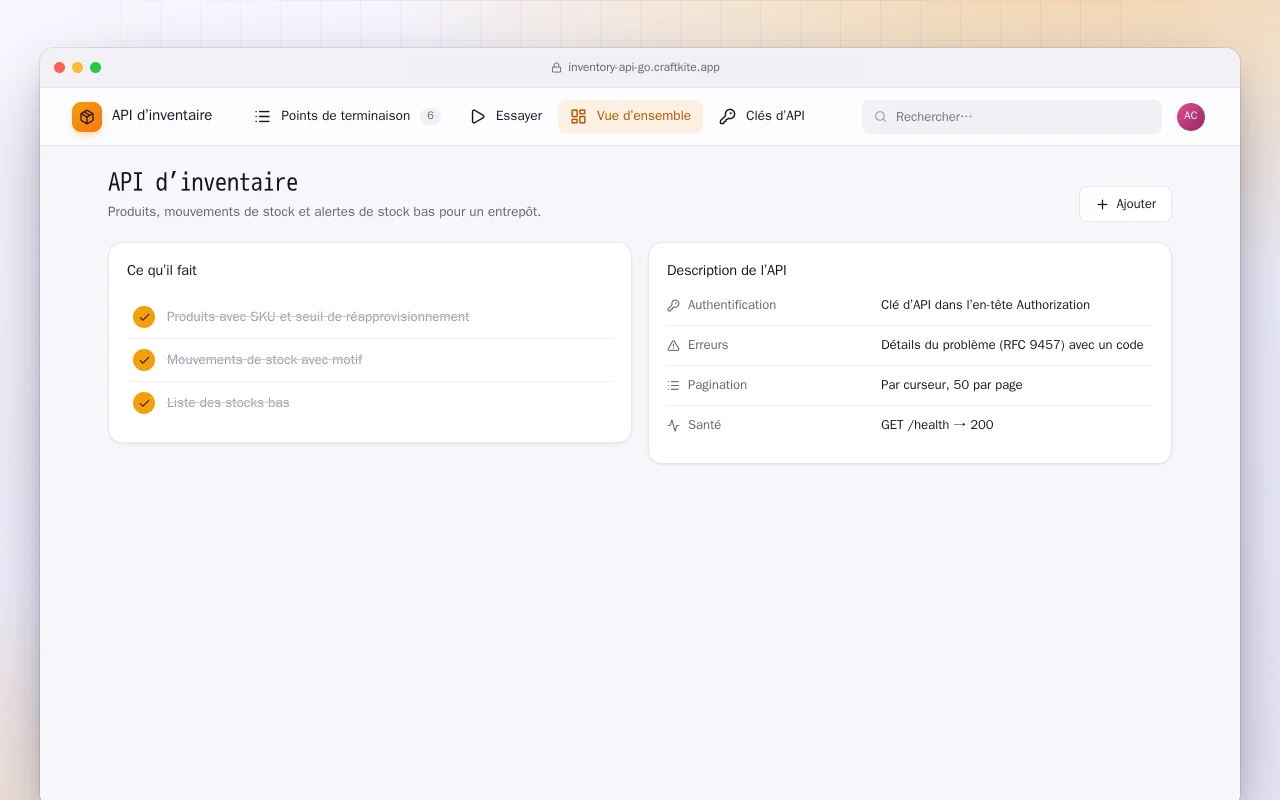 API d’inventaire (Go) : l’écran API d’inventaire