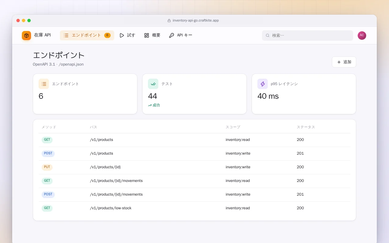 在庫 API（Go）：エンドポイント画面
