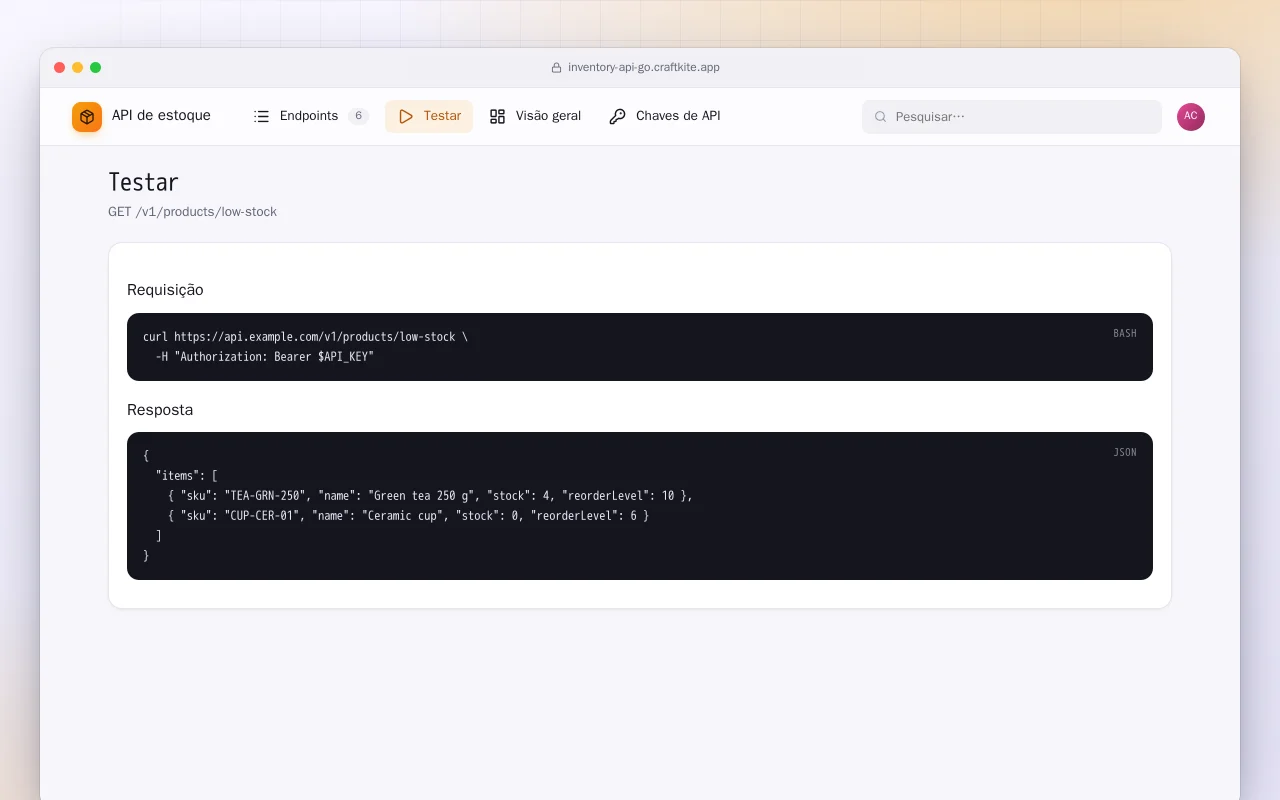 API de estoque (Go): a tela Testar