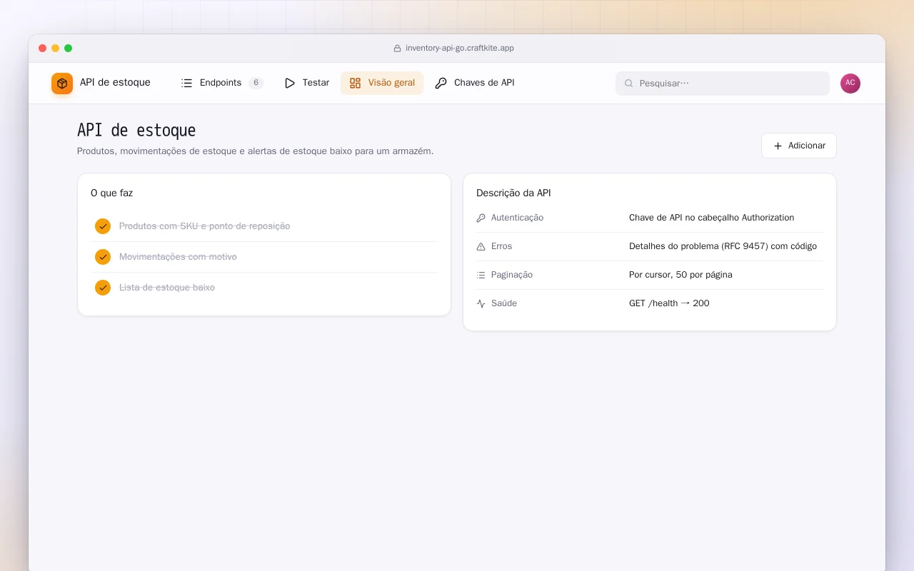 API de estoque (Go): a tela API de estoque