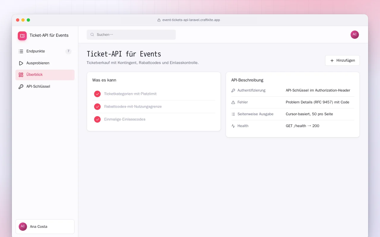 Ticket-API für Events (Laravel): der Bildschirm „Ticket-API für Events“