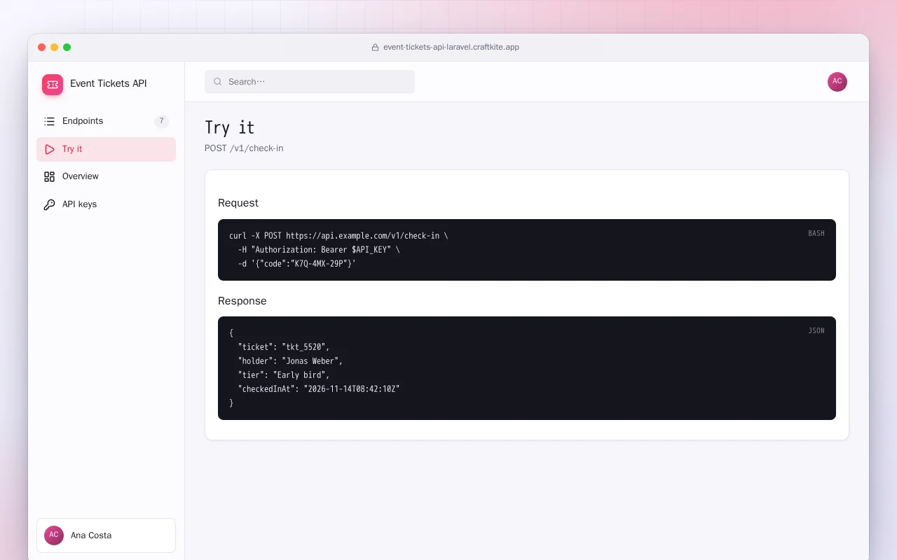 Event Tickets API (Laravel): the Try it screen