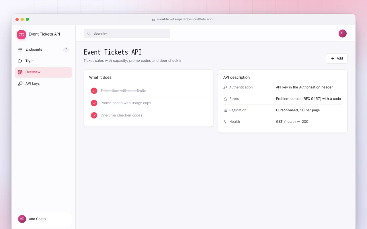 Event Tickets API (Laravel): the Event Tickets API screen