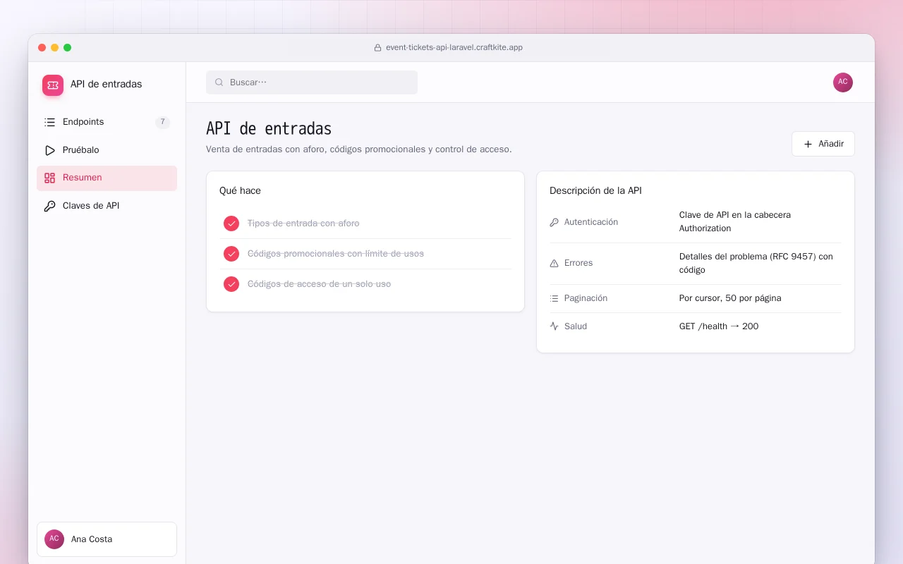 API de entradas (Laravel): la pantalla API de entradas