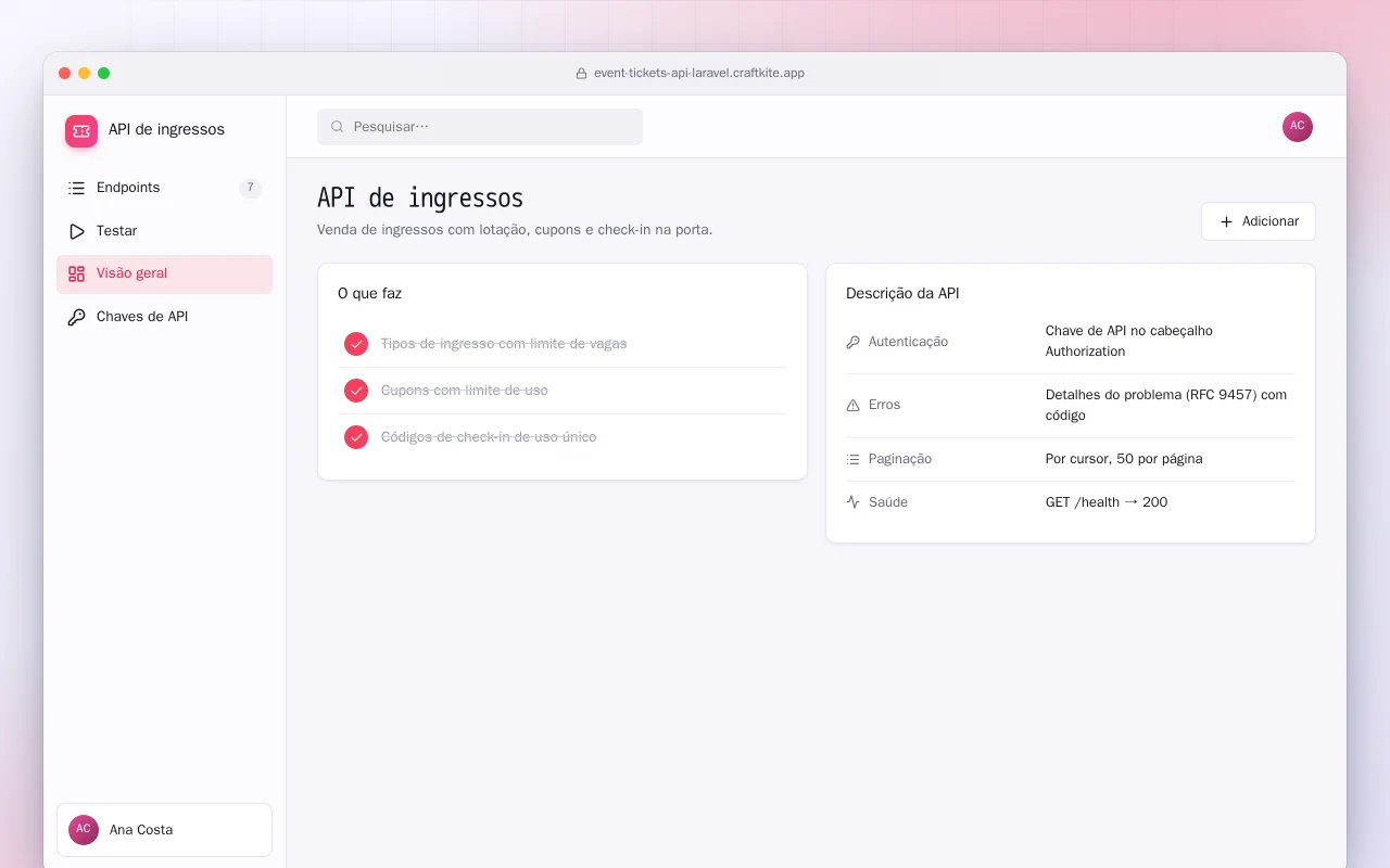 API de ingressos (Laravel): a tela API de ingressos