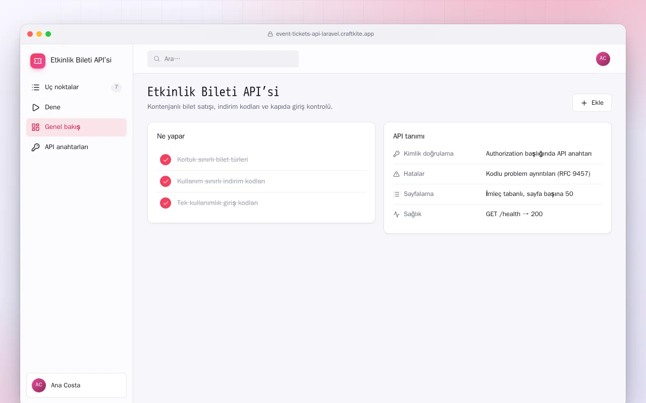 Etkinlik Bileti API’si (Laravel): Etkinlik Bileti API’si ekranı
