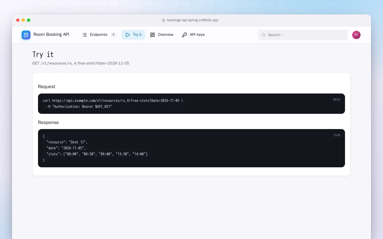 Room Booking API (Spring Boot): the Try it screen