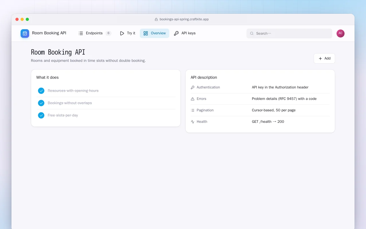 Room Booking API (Spring Boot): the Room Booking API screen
