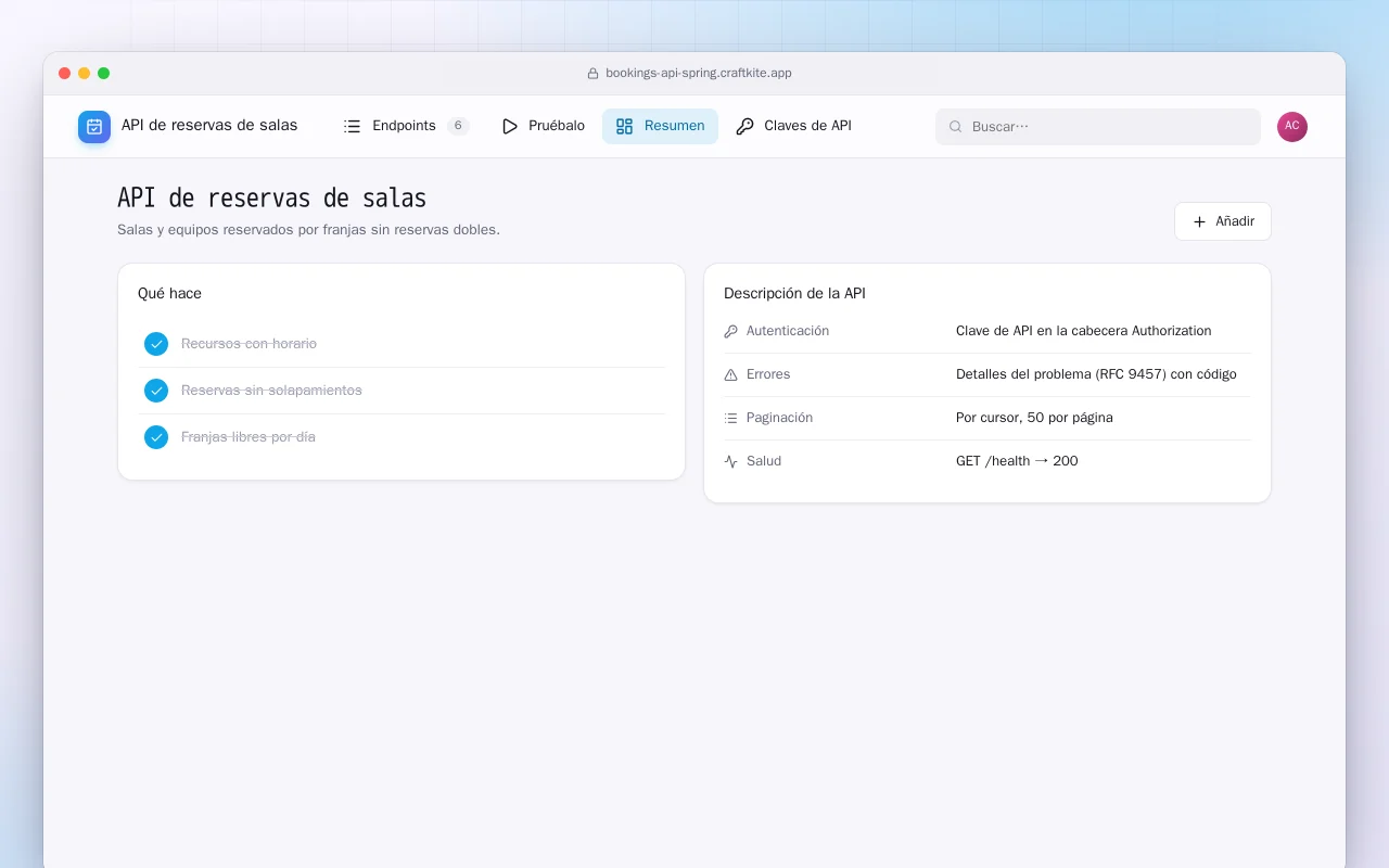 API de reservas de salas (Spring Boot): la pantalla API de reservas de salas