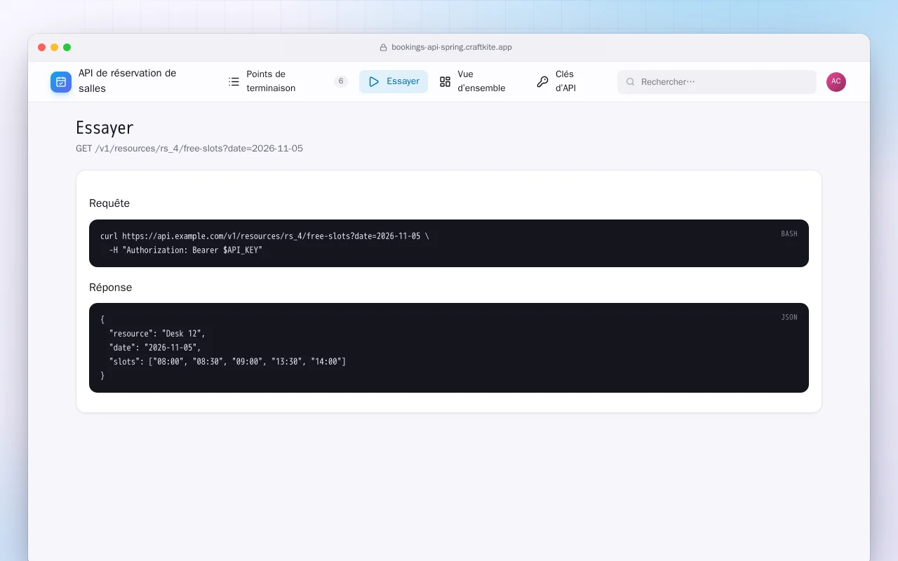 API de réservation de salles (Spring Boot) : l’écran Essayer