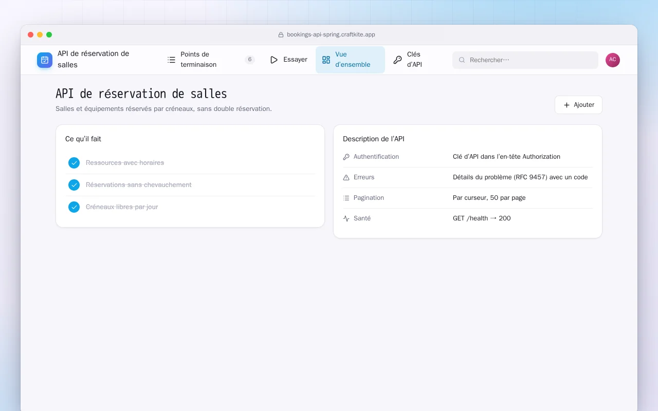 API de réservation de salles (Spring Boot) : l’écran API de réservation de salles