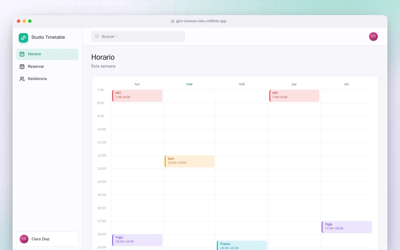 Clases del gimnasio (Rails): la pantalla Horario
