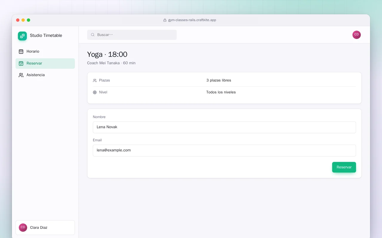 Clases del gimnasio (Rails): la pantalla Yoga · 18:00