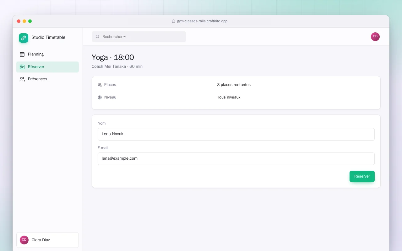 Cours de sport (Rails) : l’écran Yoga · 18:00