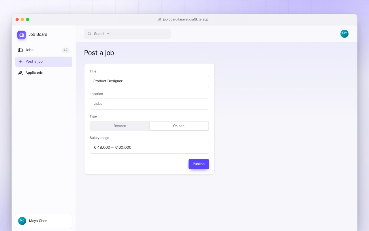 Job Board (Laravel): the Post a job screen