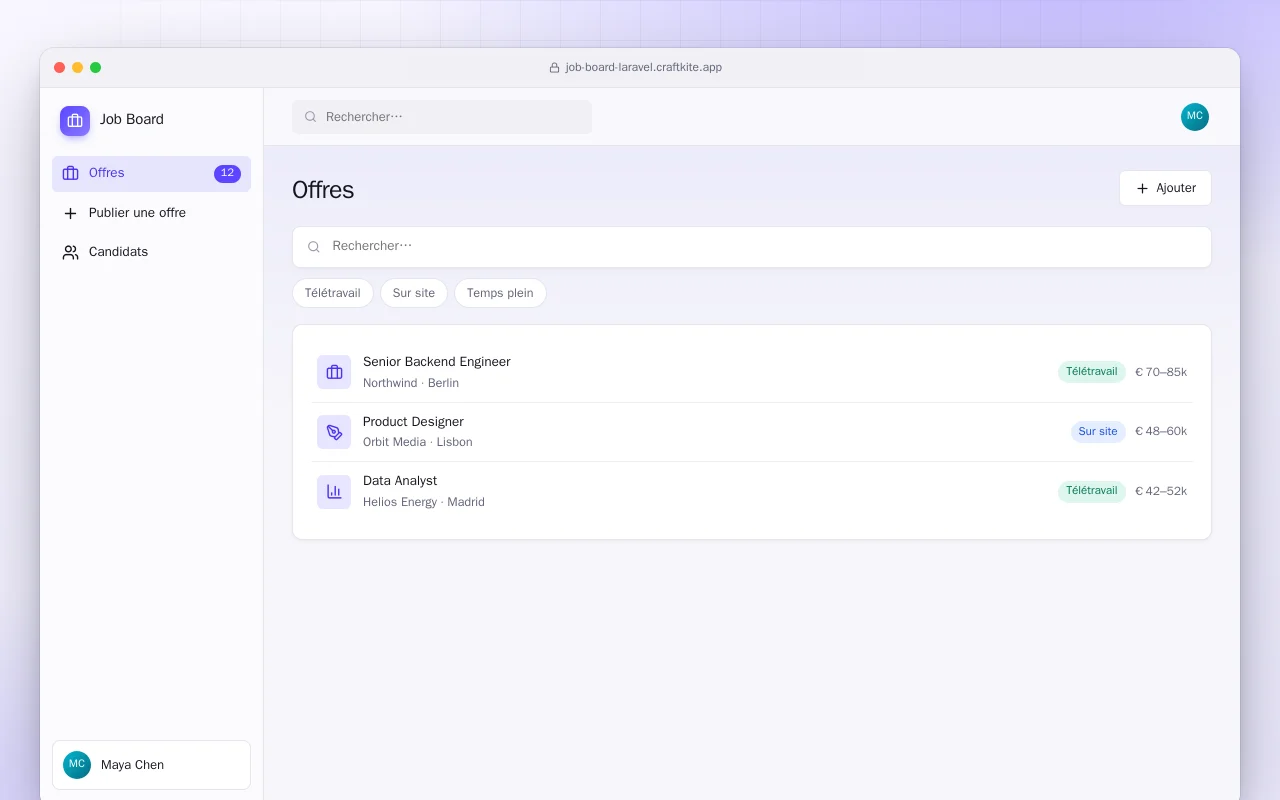 Offres d’emploi (Laravel) : l’écran Offres