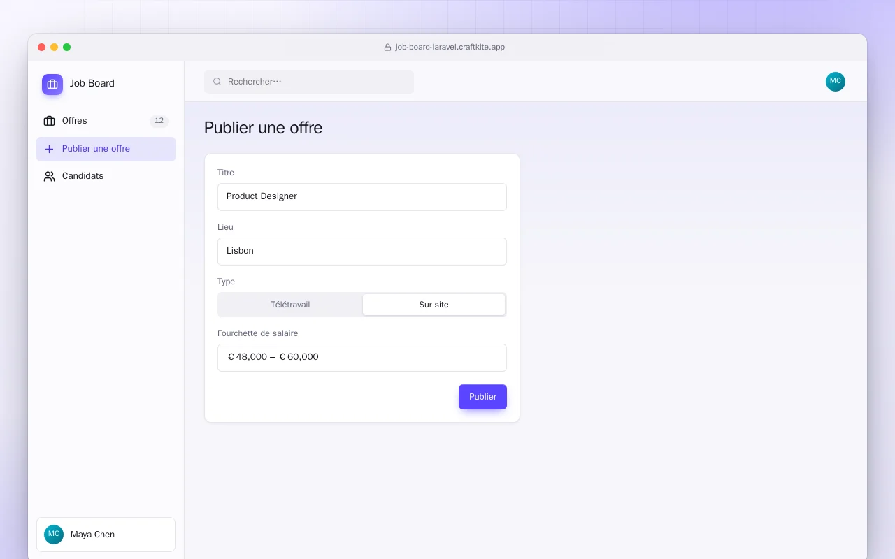 Offres d’emploi (Laravel) : l’écran Publier une offre