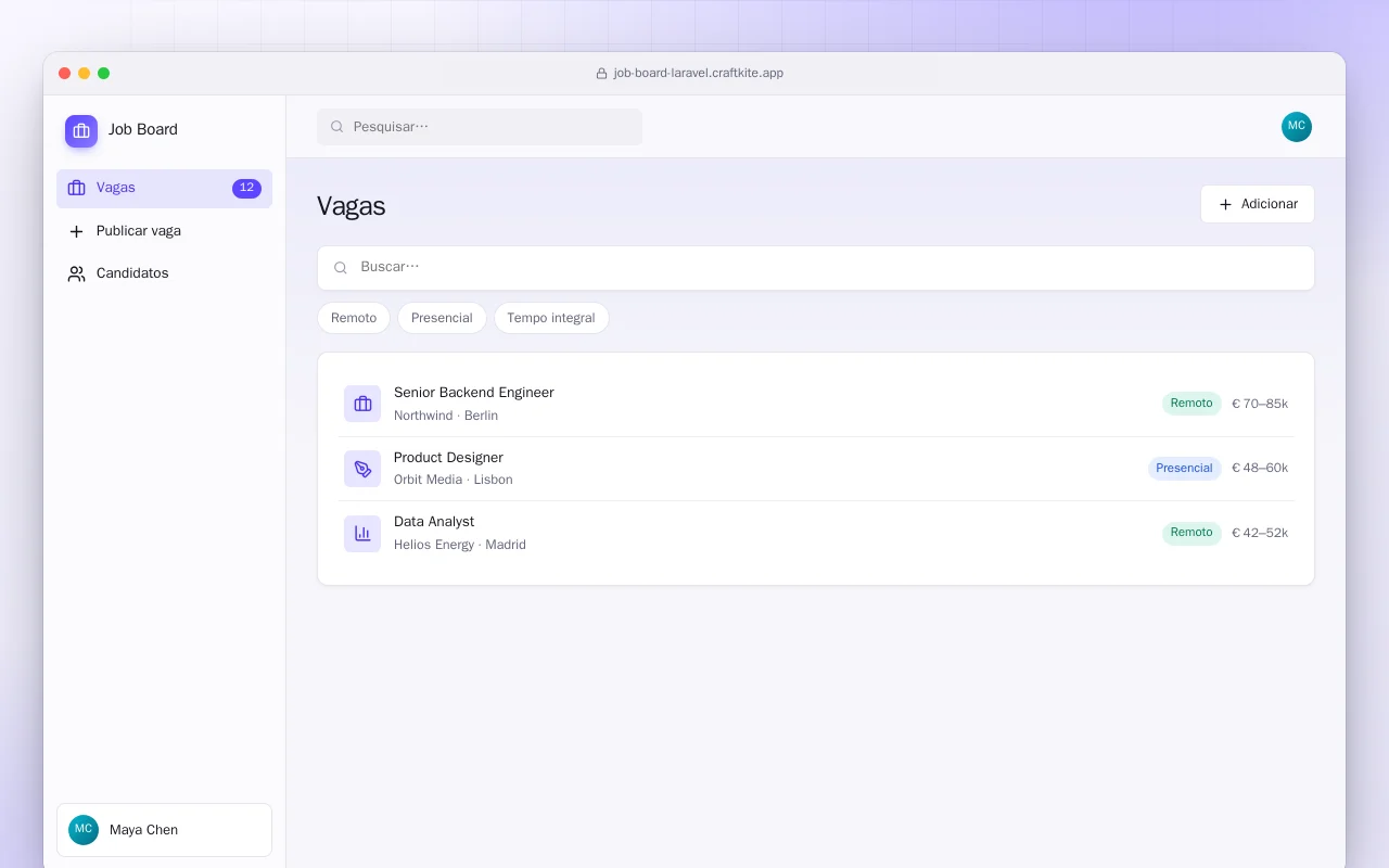 Quadro de vagas (Laravel): a tela Vagas