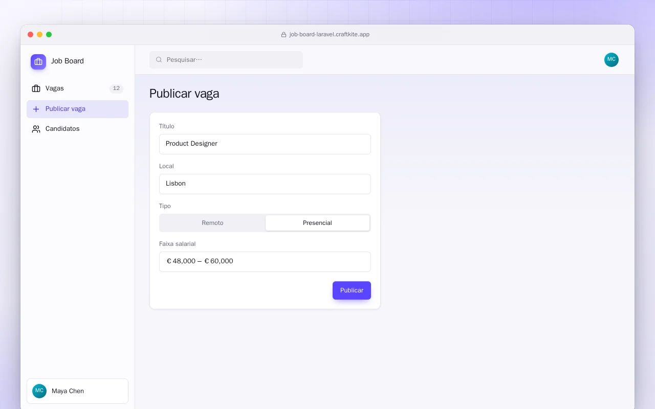 Quadro de vagas (Laravel): a tela Publicar vaga