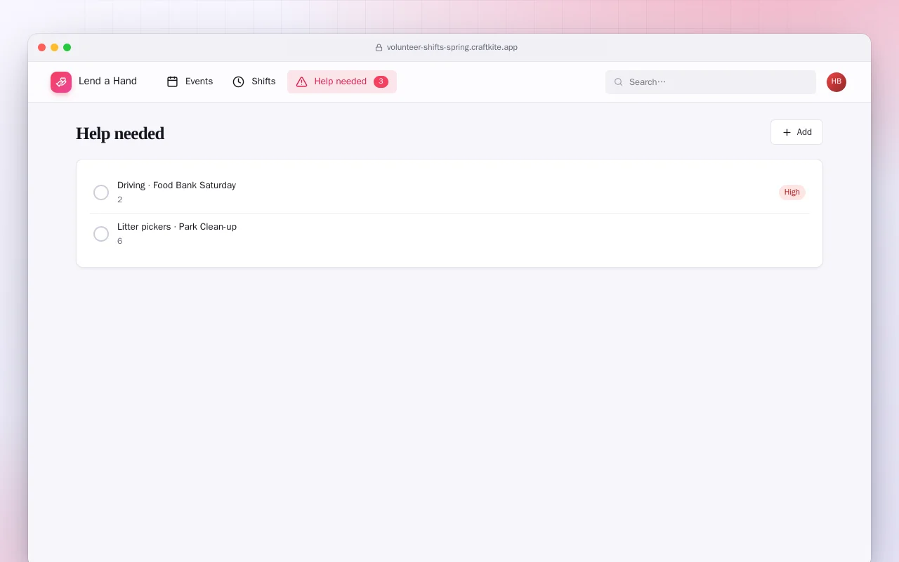 Volunteer Shifts (Spring Boot): the Help needed screen